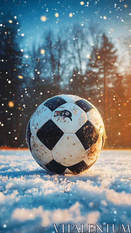 Soccer ball rests on compact snow under shallow depth of field