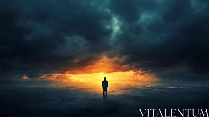 Solitary figure facing dramatic ocean sunset horizon.
