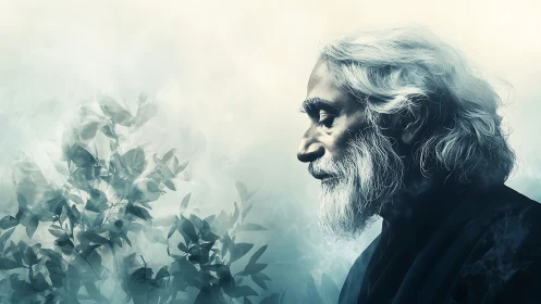 Elderly sage contemplates nature within a soft misty haze