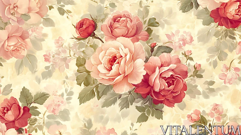 Pink and Red Roses on Cream Background Pattern.