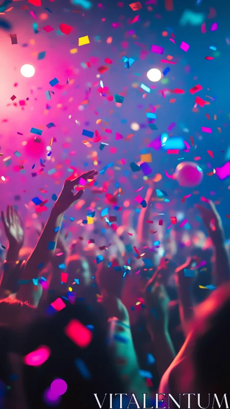 Crowd celebrates under vibrant confetti and concert lights
