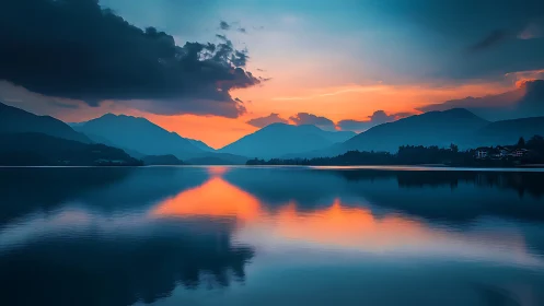 Twilight mountains cradle a lake of mirrored ember skies.