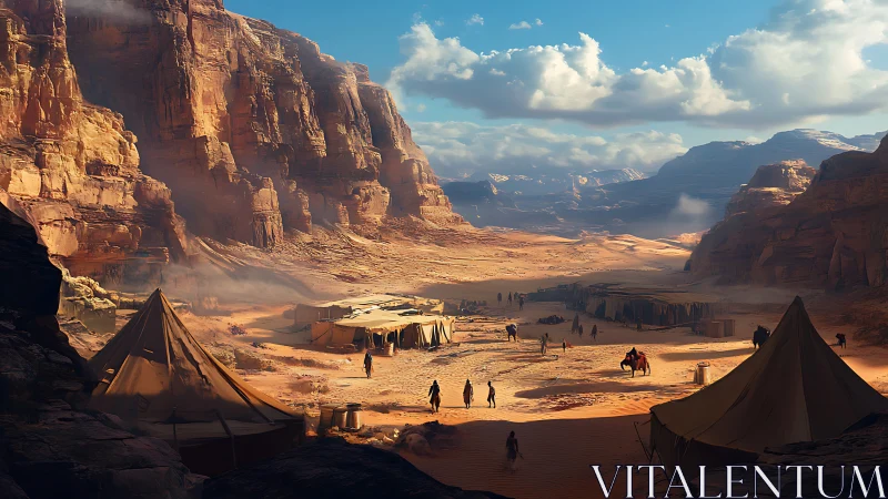 Digital painting of desert canyon caravan encampment panorama.