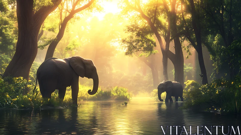 Elephants wade through sunlit misty forest river at dawn