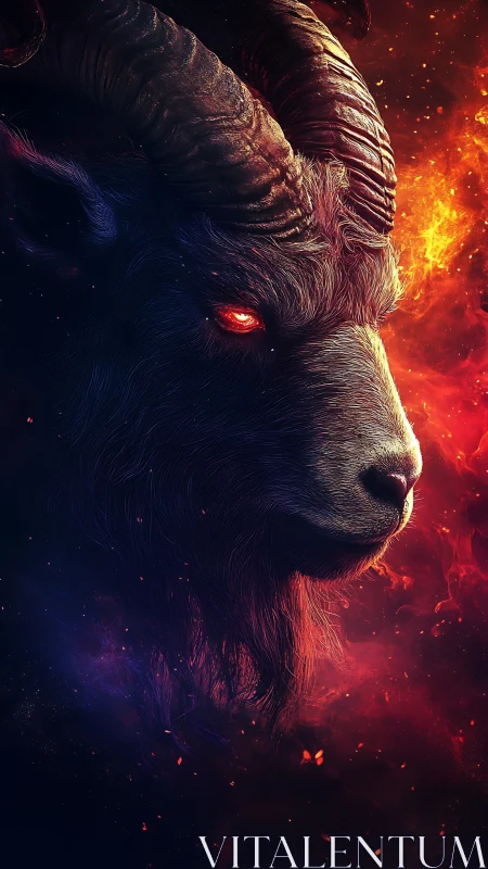 Demonic ram head glows against swirling red cosmic flames