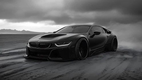 Sleek black sports car cutting across stormy wet sands.