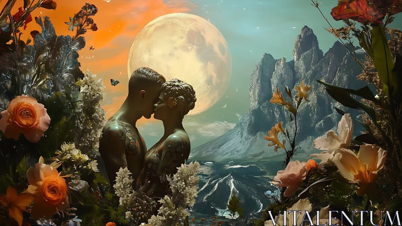 Moonlit statues trade secrets in a floral cosmic valley