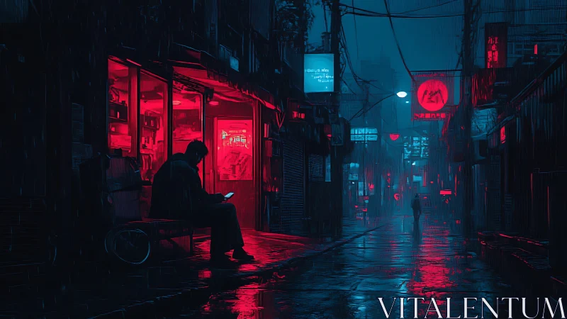 Neon rainwalk through a lonely cyberpunk alley at night.