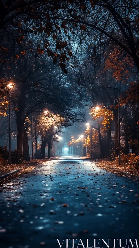 Soft lamplight gently guides a quiet autumn night walk
