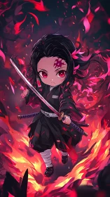 Fierce chibi swordsman steps through swirling crimson flames