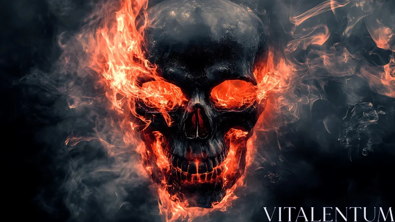 Incandescent burning skull with volumetric flames and smoke field