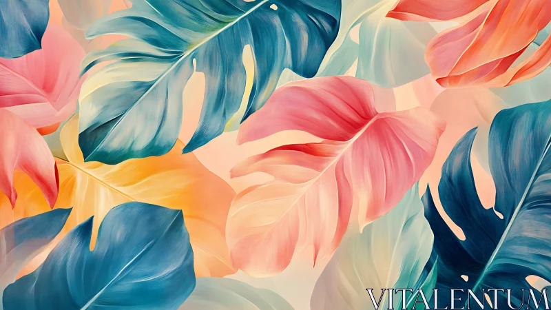 Tropical leaf pattern in soft pink, blue and orange tones.