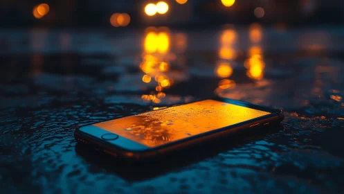Smartphone glows with golden light in nocturnal urban setting.