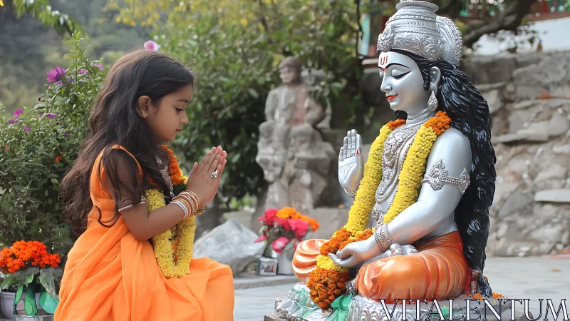Young girl prays before serene Hindu deity in garden temple