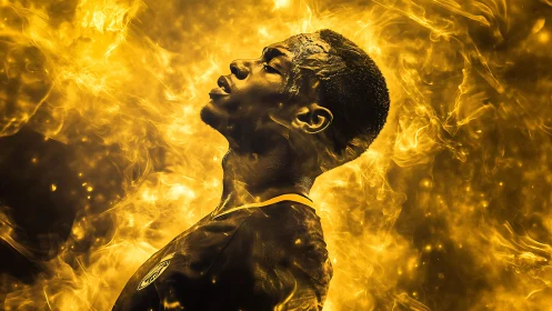 Athlete profile in high contrast golden flames and energy field