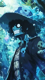 Flaming blue skeleton musician in underwater forest glow.