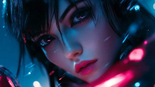 Neon-soaked cyber portrait of intense futuristic woman.