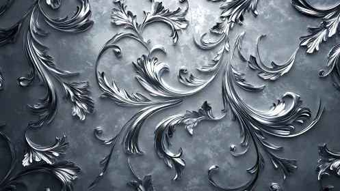 Gleaming silver flourishes curl across a cool textured wall