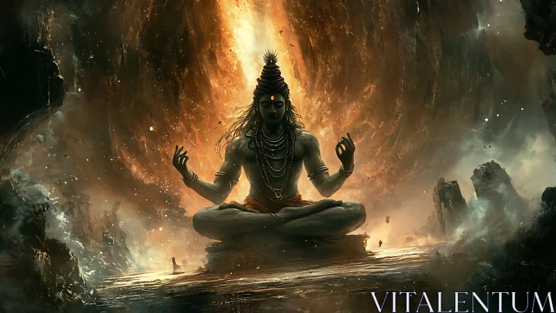 Meditating figure in fiery cavernous landscape environment.