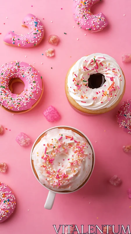 Pink Frosted Donuts and Coffee Cup on Pastel Background.