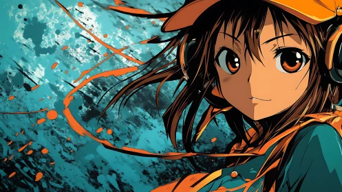 Splashed teal backdrop framing confident anime girl portrait.
