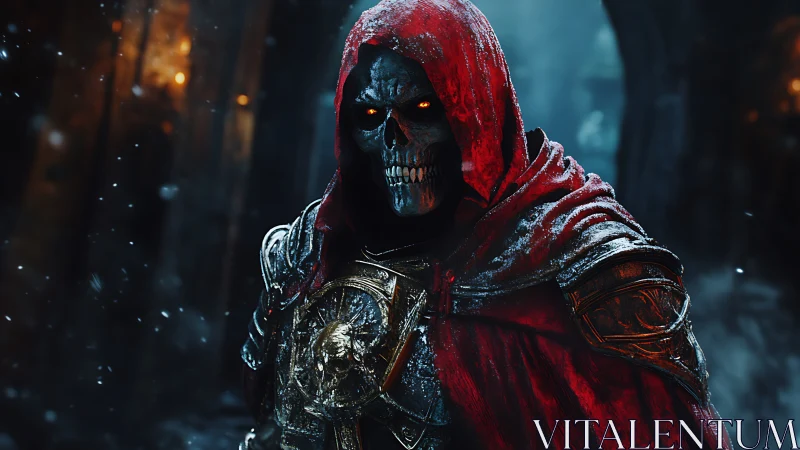 Armored skeletal warlord under crimson hood in icy ruin