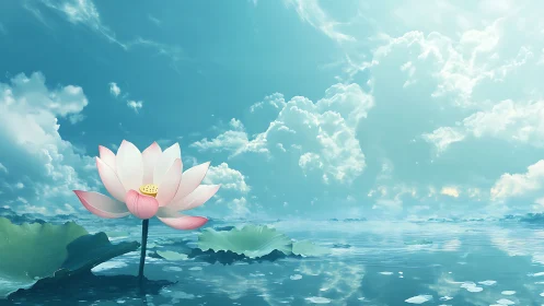 Lotus bloom over calm reflective lake under vast sky.