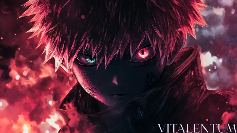 Red lit anime character portrait with glowing eyes at night.