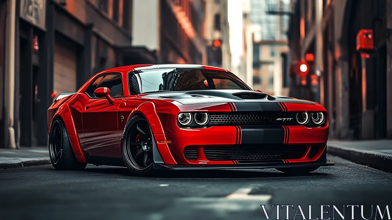 Urban-tuned red muscle coupe under cinematic street lighting.