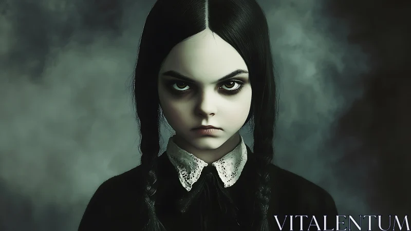 Storm-eyed goth girl holding her ground in soft gloom.