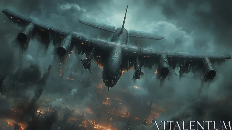 Heavily armed gunship over burning city in volumetric war fog