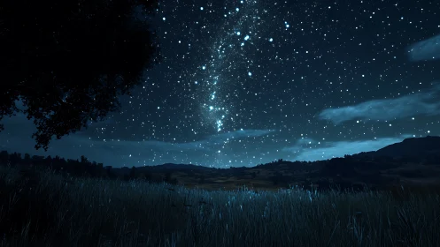 Nocturnal grassland under dense stellar river alignment.