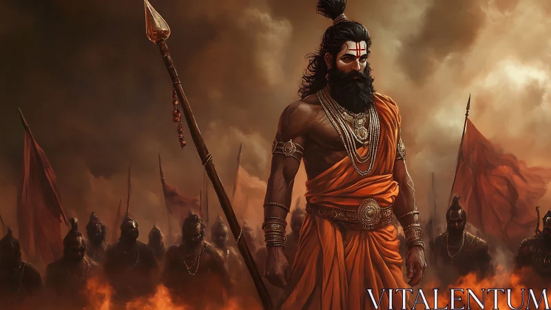 Warrior sage leading armored army through burning haze.