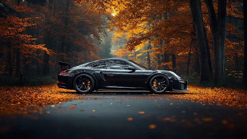 Black sports coupe parked on forest road in autumn light.
