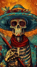 Calavera mariachi skeleton glows under golden radial halo.