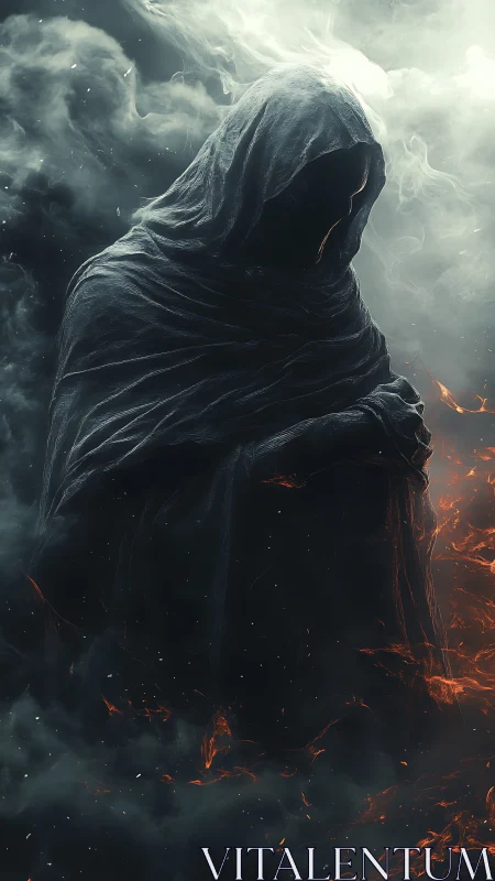 Shrouded wraith materializes within chromatic smoke and embers