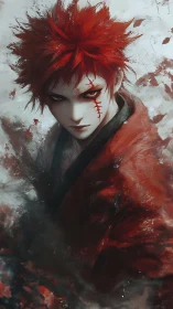 Scarred red‑haired warrior rendered in high‑contrast digital art