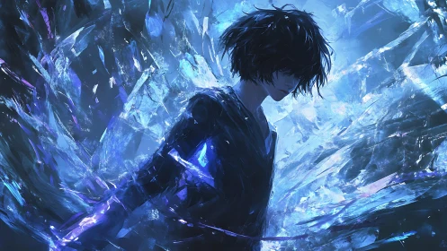 Solitary anime figure shatters through crystalline blue void.