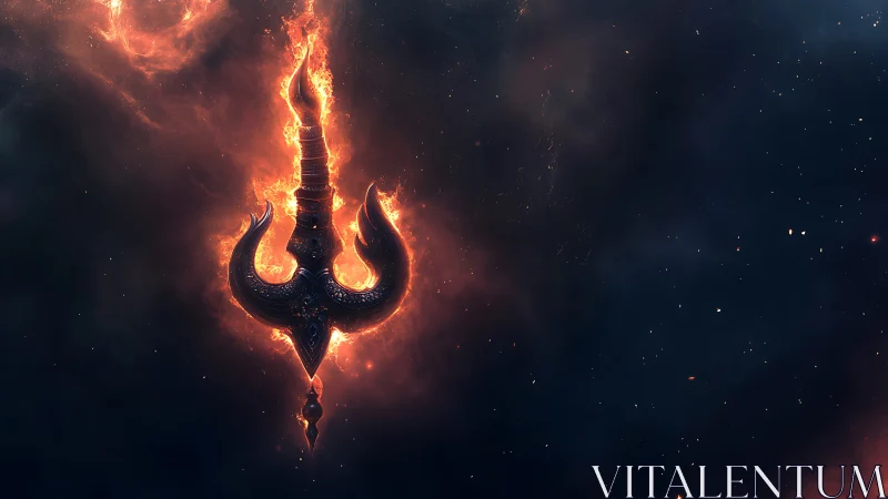 Blazing cosmic trident suspended in swirling nebula flame.