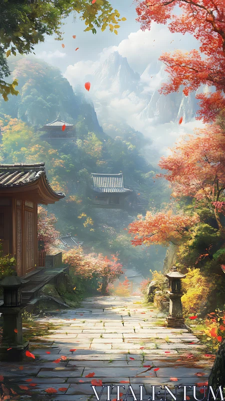 Autumn path to misty mountain temples and quiet daydreams.