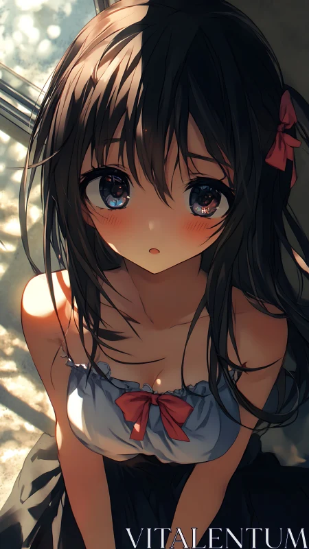 Young girl in sunlight near window, anime portrait study.