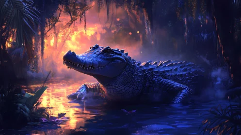 Crocodile in volumetric-lit swamp with high-contrast rim lighting