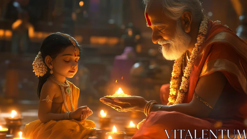 Elder and child share ritual fire offering during worship