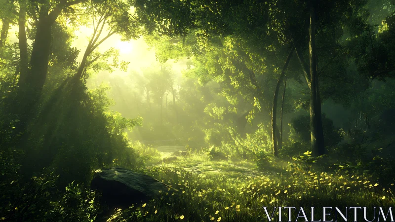 Sunlit Forest Sanctuary Where Golden Light Dances Through Ancient Trees