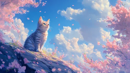 Cat Seated on Rocky Outcrop with Blooming Cherry Blossoms