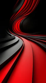 Curved red and black layered ribbons forming abstract tunnel