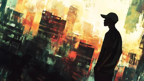 Silhouetted figure studies abstract urban skyline at dusk