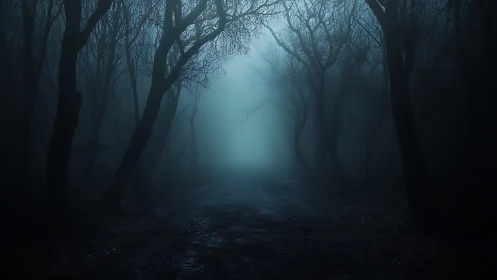 Foggy forest path at night with silhouetted bare trees.