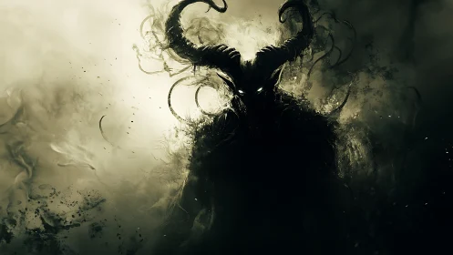 Horned shadow demon emerges from swirling toxic mist