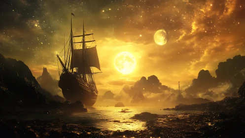 Moonlit tall ship drifting through a glowing golden sky.